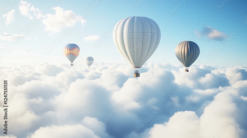 Fototapeta premium Hot air balloons soar above fluffy clouds at sunrise, ideal for travel posters