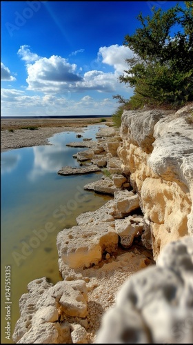 Tranquil River Reflections With Light Beige Rocks And Cloudy Sky photo