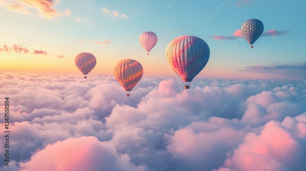 Obraz premium Hot air balloons soaring above clouds at sunset, travel freedom