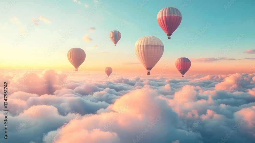 Fototapeta premium Hot air balloons sunrise flight above cloudscape