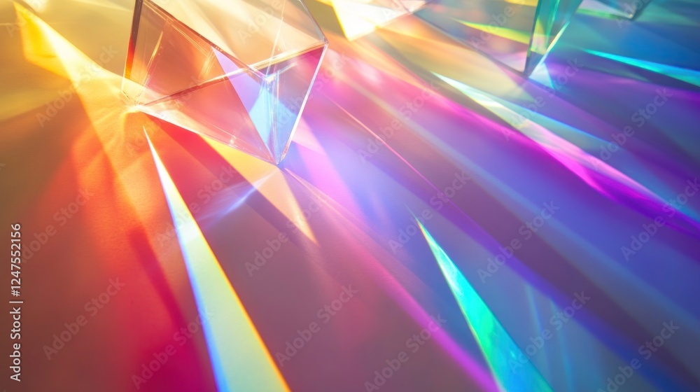 Prisms refracting light, creating rainbow spectrum on surface Prisms refracting light, creating rainbow spectrum on surface