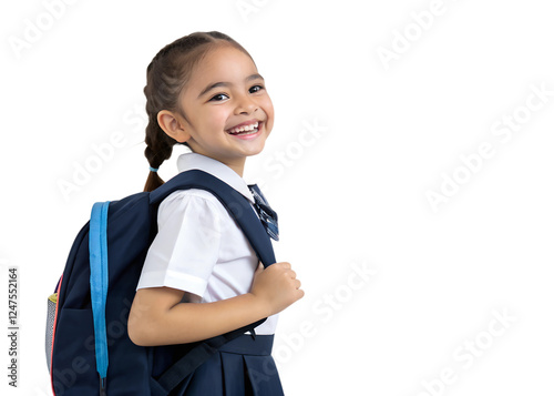 Happy school girl with backpack ready for class photo