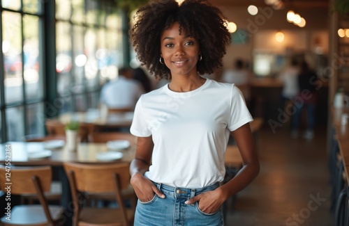 Black woman stands in cafe wearing white t-shirt, jeans. Casual style. Cafe interior. Image suitable for print design templates mockup presentations. Trendy apparel. Modern fashion style. Stylish
