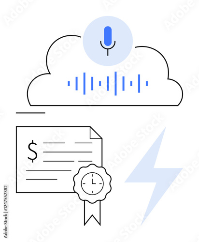 Voice transcription in cloud with microphone, certificate-thumbs up document featuring dollar sign and clock, lightning bolt. Ideal for cloud computing, document management, information retrieval