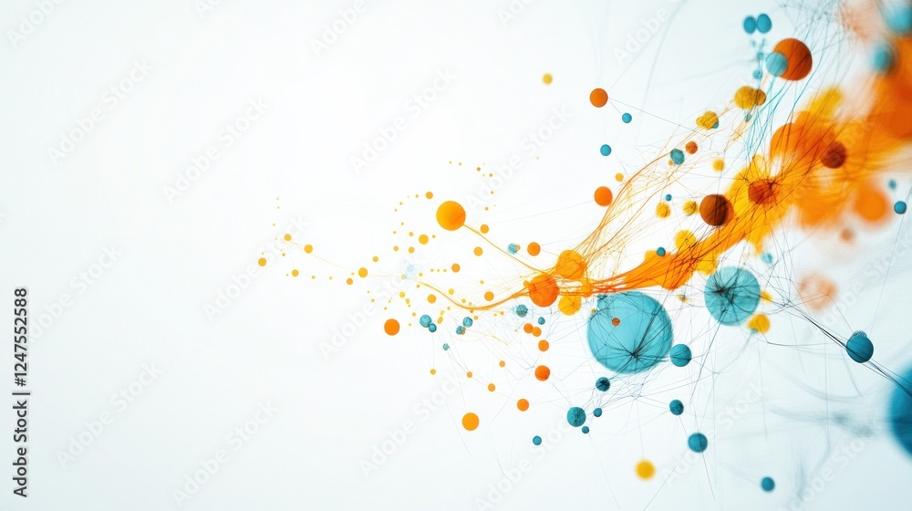 Abstract vibrant orange blue spheres flowing, white background, network concept, digital art Abstract vibrant orange blue spheres flowing, white background, network concept, digital art