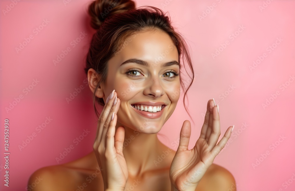 Young woman smiles happily. Shows healthy glowing skin. Bun hairstyle. Applies cosmetic products to face. Background pink. Beauty portrait in studio. Skincare routine. Cosmetology concept. Skincare Young woman smiles happily. Shows healthy glowing skin. Bun hairstyle. Applies cosmetic products to face. Background pink. Beauty portrait in studio. Skincare routine. Cosmetology concept. Skincare