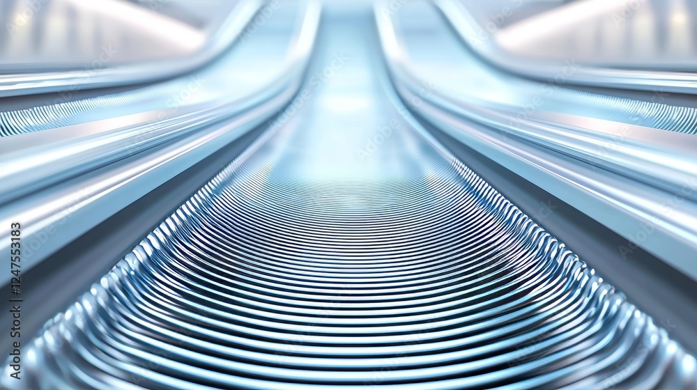 Fototapeta premium A white minimalist background with multiple empty conveyor belts, sharply angled in geometric patterns, creating a futuristic and industrial aesthetic