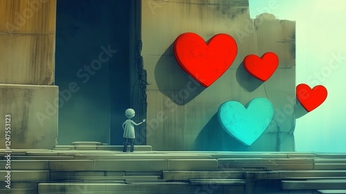 A lone figure standing before a giant wall adorned with vibrant red and blue heart shapes on a surreal landscape photo