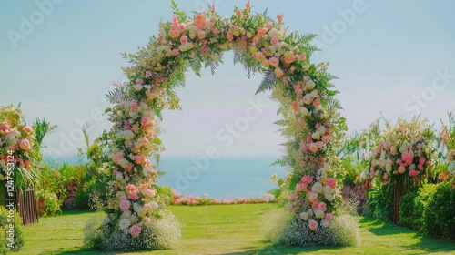 romantic ocean view wedding arch floral decor photo