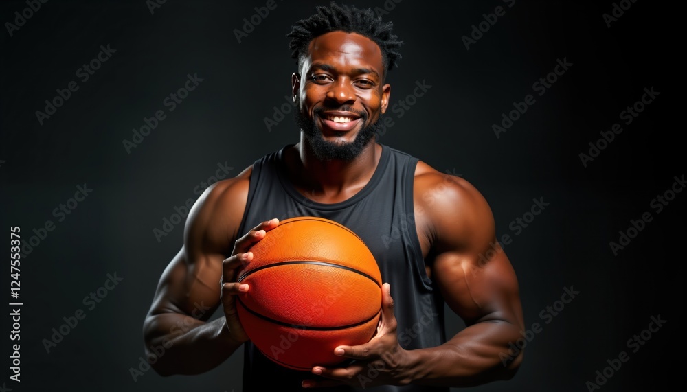 Strong African American male basketball player holds basketball. Portrait shows muscular physique. Pro athlete displays confident expression. Image suitable for sports magazines, apparel. Image Strong African American male basketball player holds basketball. Portrait shows muscular physique. Pro athlete displays confident expression. Image suitable for sports magazines, apparel. Image