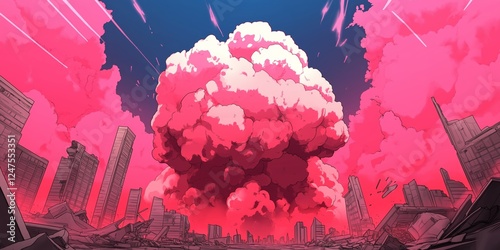 A vibrant chaotic cityscape depicting a powerful explosion surrounded by pink smoke and collapsing buildings under a dramatic sky