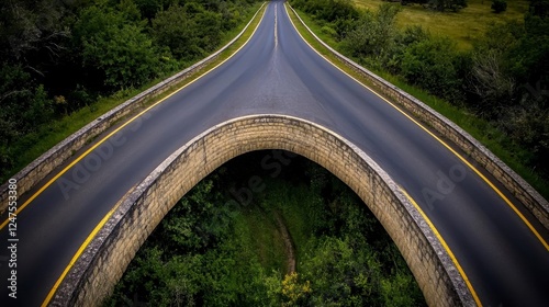 Two Lane Road Meets Arch Bridge With Green Surroundings