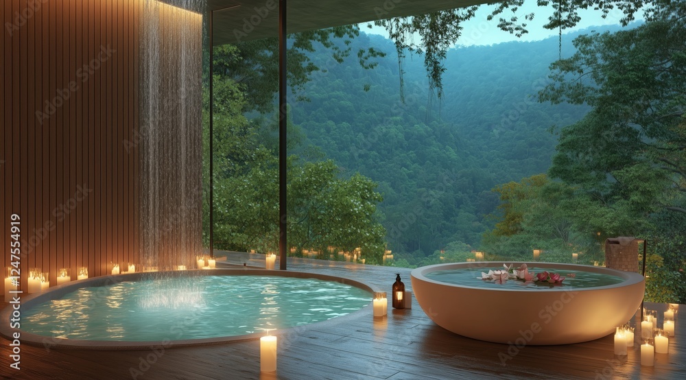 A serene spa area featuring two soaking tubs surrounded by candles. Large windows open to breathtaking mountain scenery, creating a peaceful atmosphere at twilight.