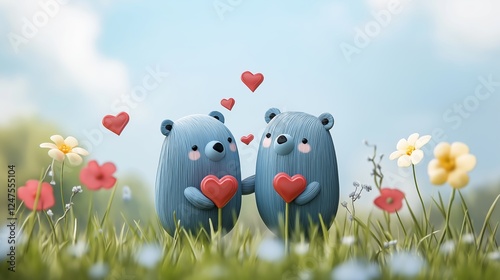 Charming blue cartoon bears holding red hearts surrounded by colorful flowers in a serene outdoor grassy field setting under blue sky
