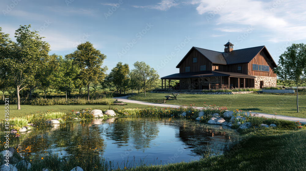 serene farm scene featuring rustic barn, tranquil pond, and lush greenery. landscape is dotted with trees and vibrant flowers, creating peaceful rural atmosphere serene farm scene featuring rustic barn, tranquil pond, and lush greenery. landscape is dotted with trees and vibrant flowers, creating peaceful rural atmosphere