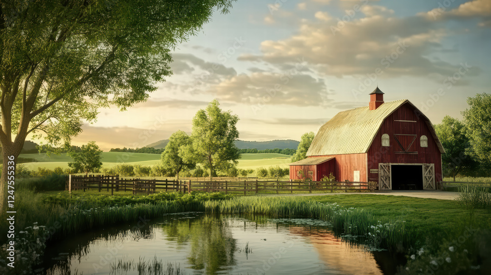 serene farm scene featuring rustic red barn beside tranquil pond, surrounded by lush greenery and rolling hills under beautiful sky serene farm scene featuring rustic red barn beside tranquil pond, surrounded by lush greenery and rolling hills under beautiful sky