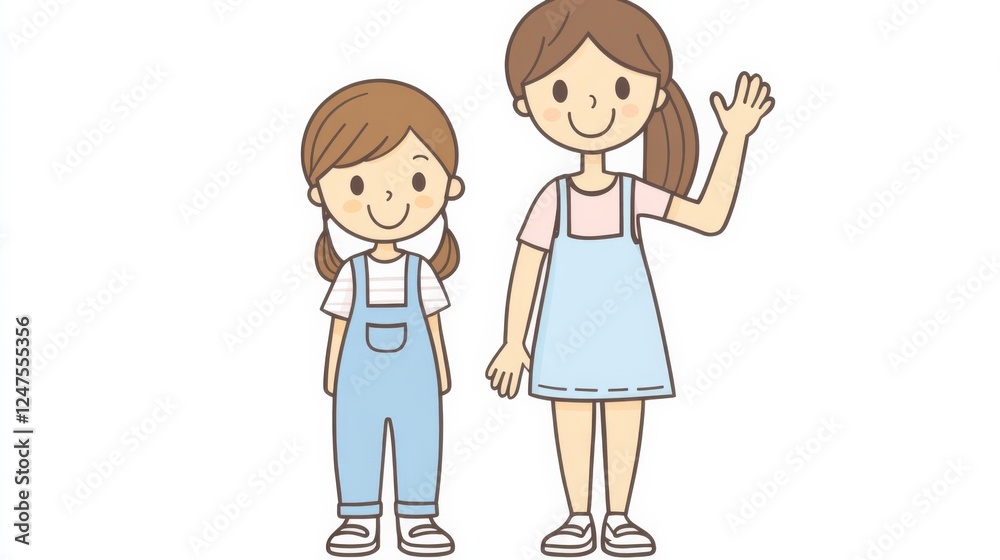 a young girl in overalls standing next to her mother, both smiling and waving hello. a young girl in overalls standing next to her mother, both smiling and waving hello.