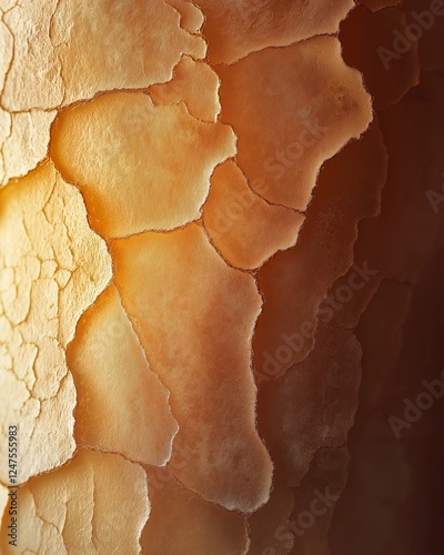 Close-up of cracked golden orange texture resembling dried earth or peeling paint with detailed patterns and warm lighting photo