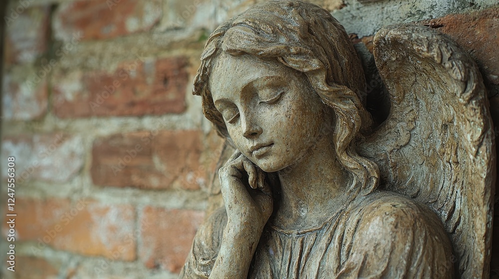 Fototapeta premium A serene angel statue with closed eyes, resting against a brick wall.