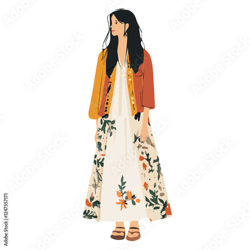 Kazakh Women's Summer Attire | Cultural Fashion Vector Illustration & Design
