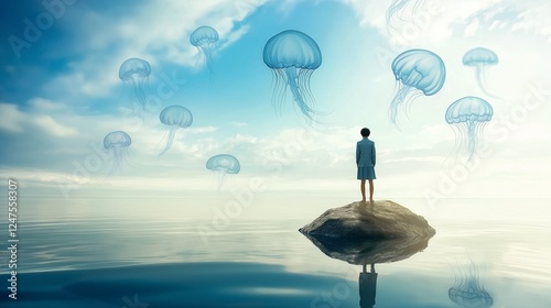 Dreamlike scene of a person standing on a rock surrounded by floating jellyfish under a vast blue sky and ocean
