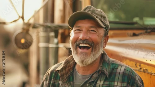 Joyful trucker wearing a baseball cap and plaid shirt laughs heartily in front of his semi truck, enjoying a moment of happiness during a break in his workday