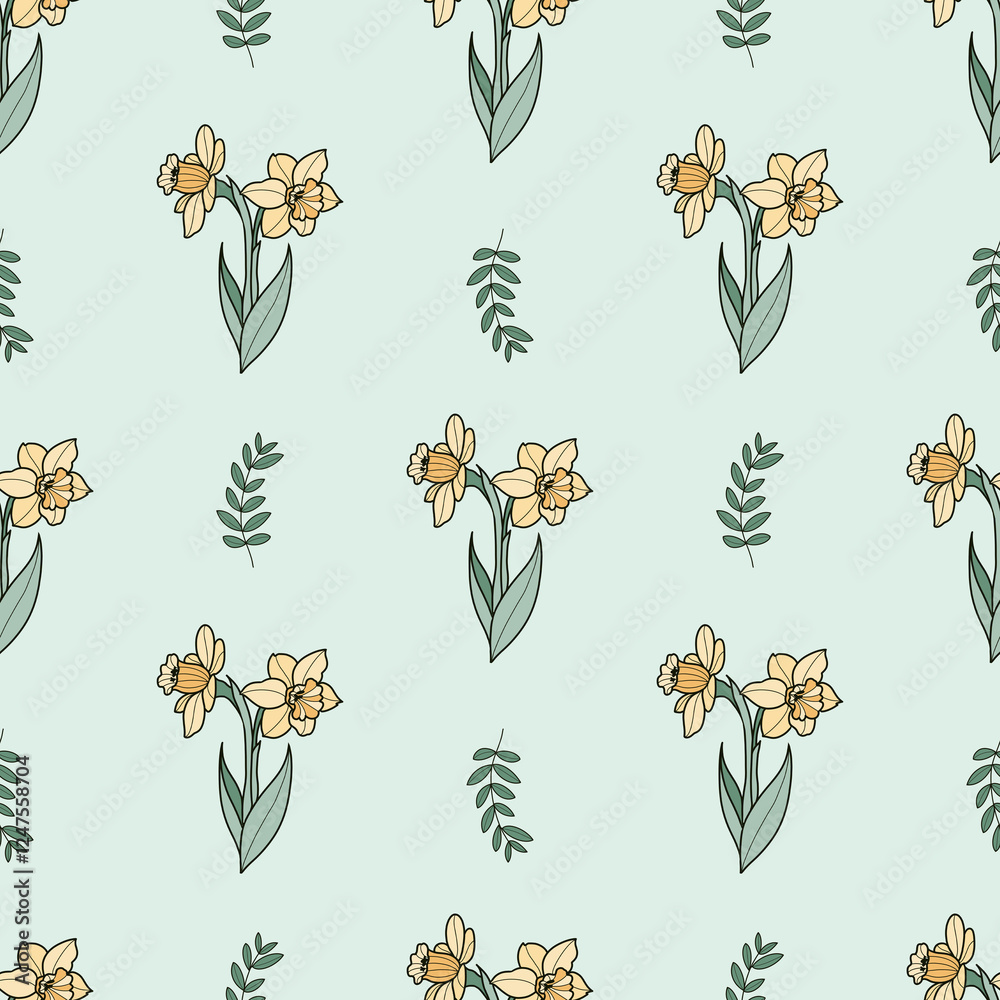 Obraz premium Seamless pattern with daffodils on a green background