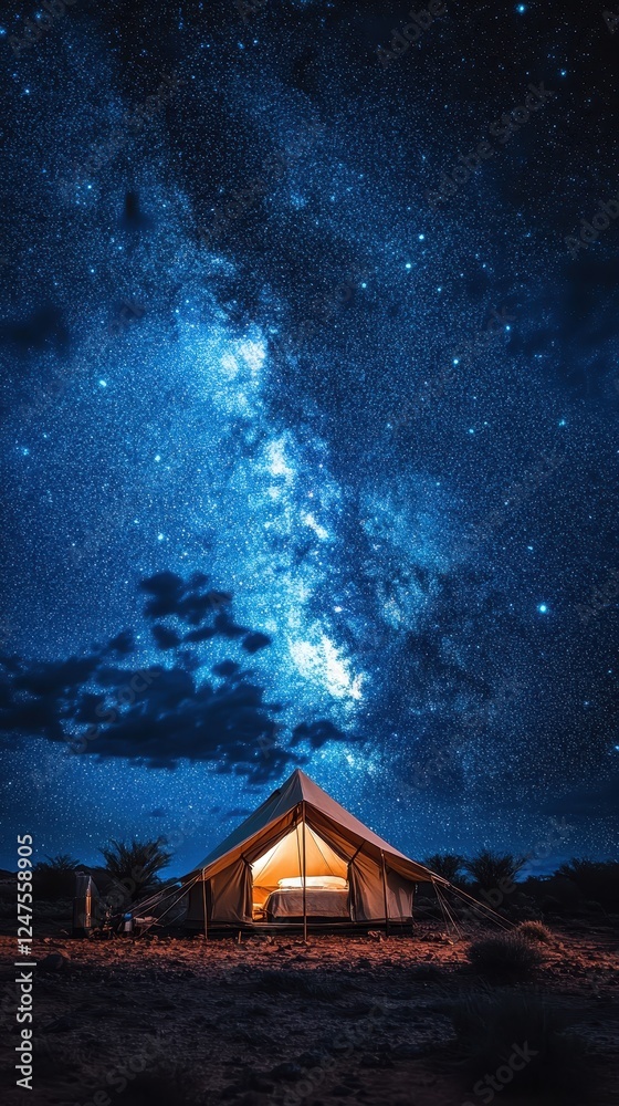 Glamping tent under Milky Way in desert with phone background