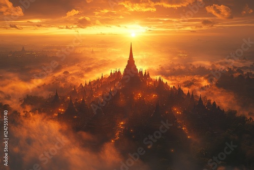 Sunset over ancient temples, misty valley, peaceful scene, travel poster