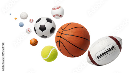 Variety of sports balls in dynamic arrangement