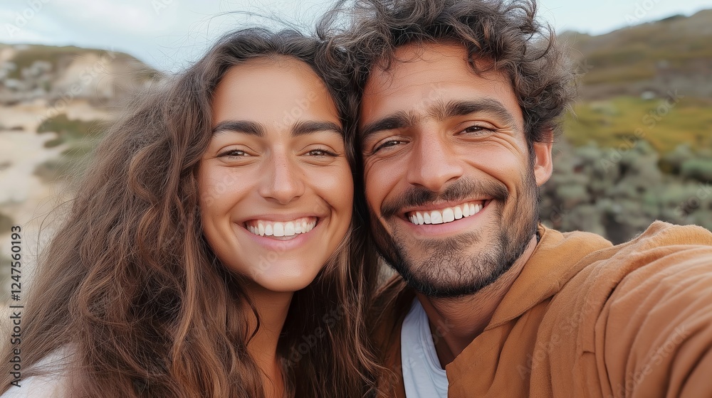 Happy couple taking a selfie together in a natural outdoor setting, smiling and embracing, capturing a joyful and loving moment Happy couple taking a selfie together in a natural outdoor setting, smiling and embracing, capturing a joyful and loving moment