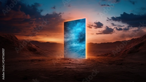 A mesmerizing scene depicting a luminous portal in a dramatic desert landscape, illuminated by extraordinary hues against a setting sun and dark clouds swirling around it.