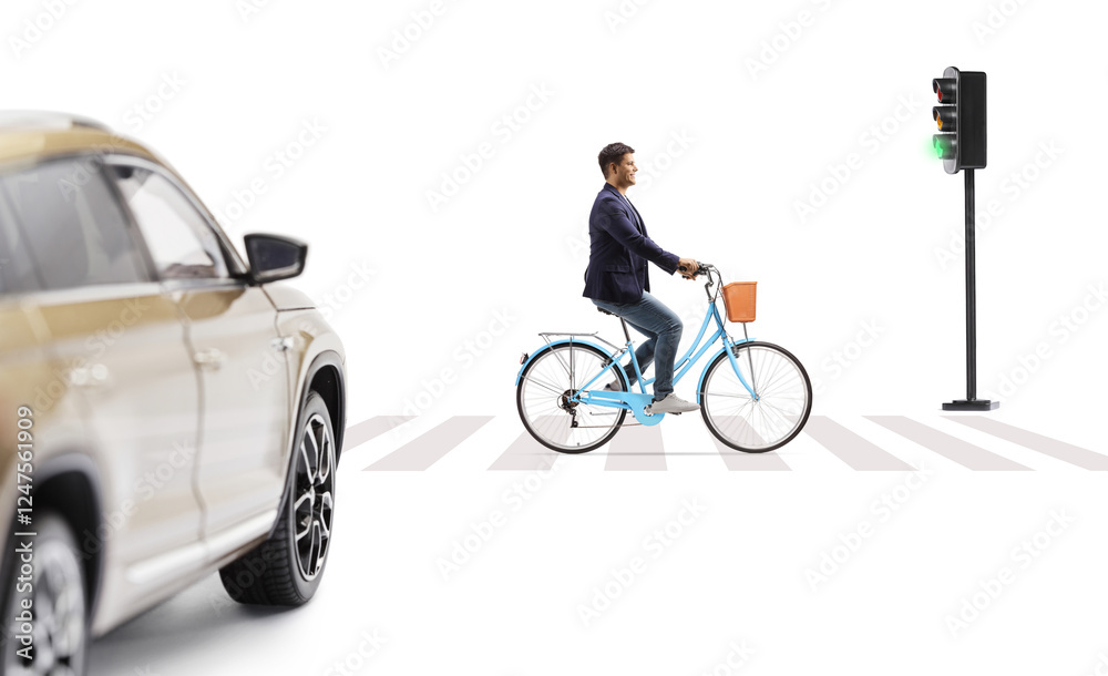 Fototapeta premium Profile shot of a man riding a bicycle at a pedestrian crossing and green traffic light