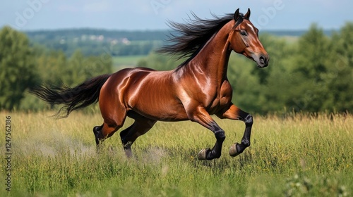 A captivating moment of a horse galloping freely in an open field