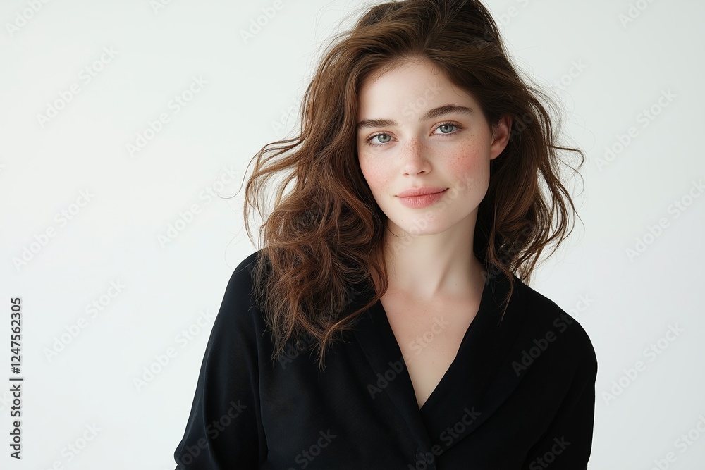 Portrait of a young woman with long wavy brown hair and freckles, wearing a black jacket against a plain white background Portrait of a young woman with long wavy brown hair and freckles, wearing a black jacket against a plain white background
