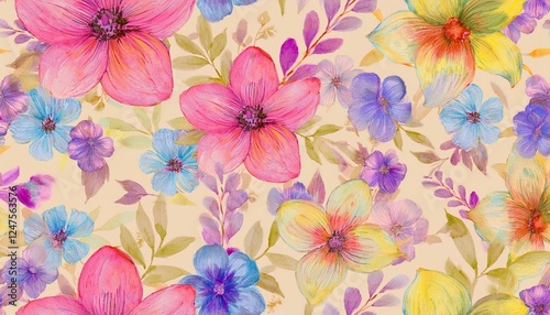 Watercolor seamless pattern with flowers. Floral background design. Generated image