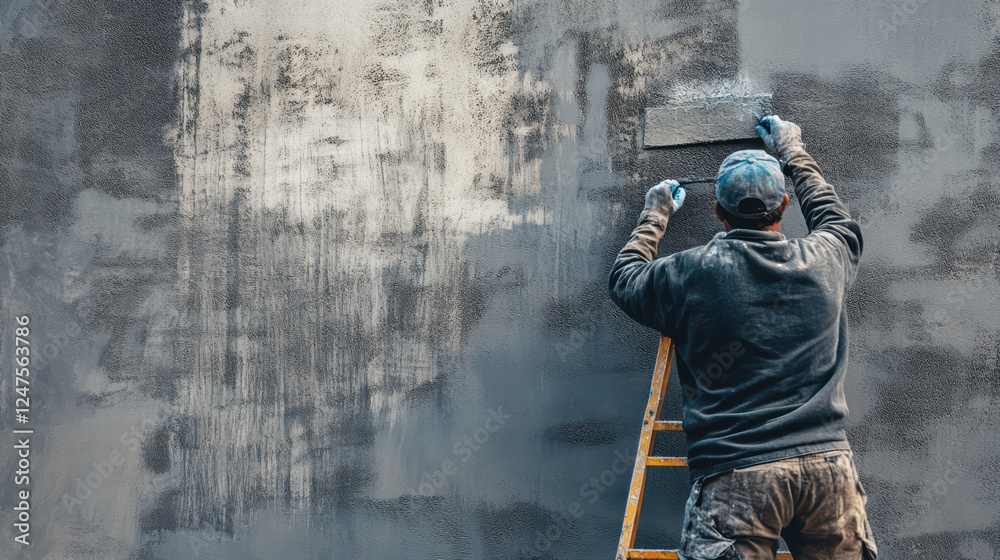 worker applying decorative finish to cement wall using trowel while standing on ladder. process showcases craftsmanship and attention to detail in wall treatment worker applying decorative finish to cement wall using trowel while standing on ladder. process showcases craftsmanship and attention to detail in wall treatment