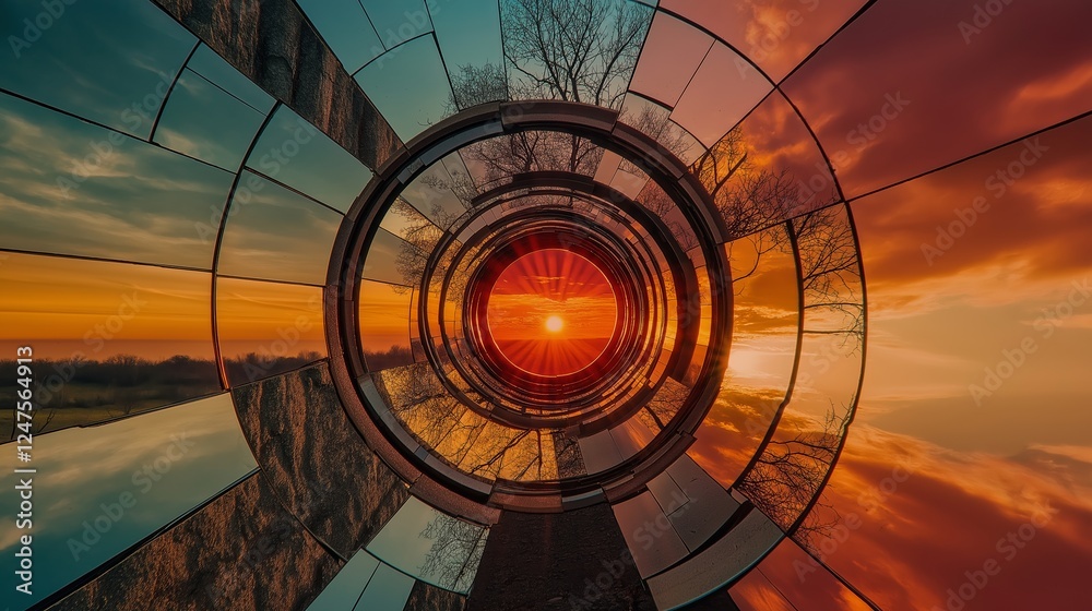 Fototapeta premium Stunning abstract sunset view through geometric mirrored tunnel showcasing vibrant colors and reflections in a surreal artistic landscape