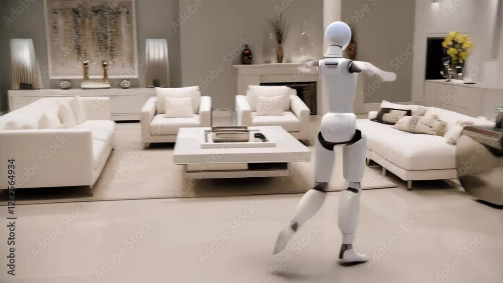Robot performs dance routine in modern living room setting Robot performs dance routine in modern living room setting