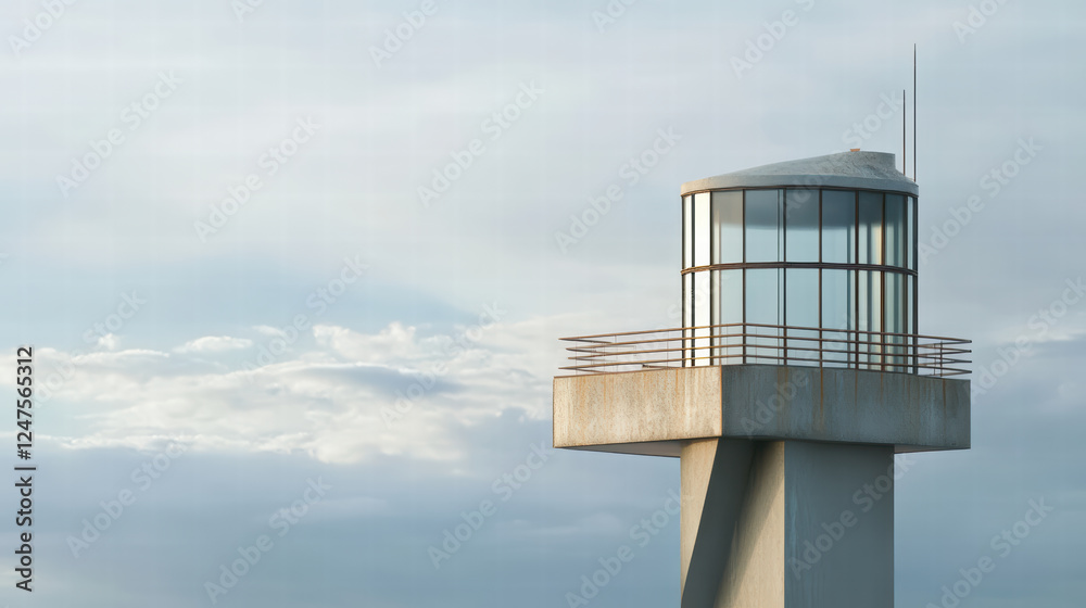 Modern lighthouse structure with glass observation deck against cloudy sky, showcasing architectural design and coastal scenery Modern lighthouse structure with glass observation deck against cloudy sky, showcasing architectural design and coastal scenery