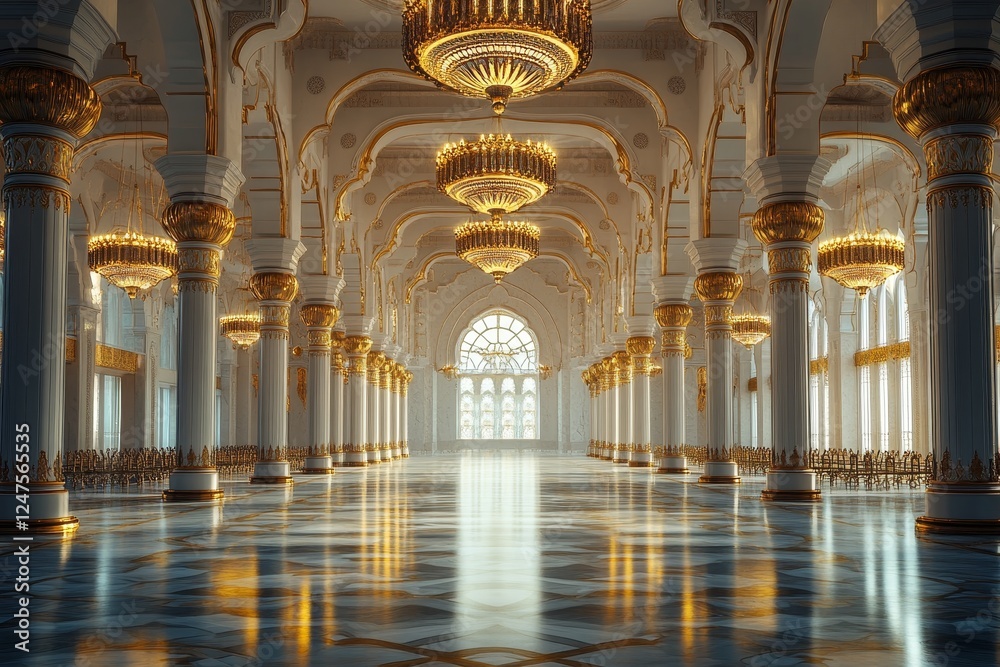 Fototapeta premium Grand Palace Hall opulent interior, sunlight streams through arched windows, marble floor, chandeliers