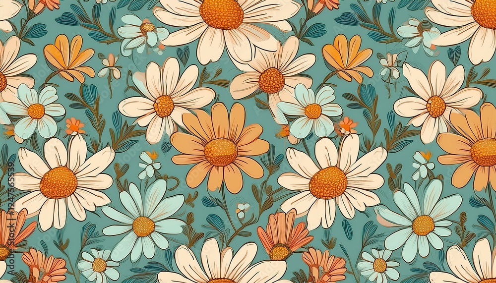 Seamless pattern with simple little flowers in pastel color. Floral repeatable background with chamomile. Generated image Seamless pattern with simple little flowers in pastel color. Floral repeatable background with chamomile. Generated image