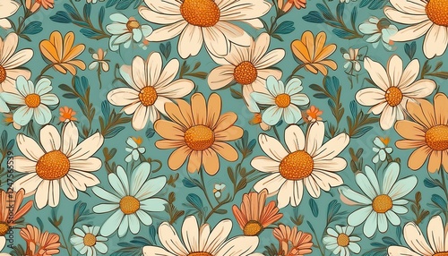 Wallpaper Mural Seamless pattern with simple little flowers in pastel color. Floral repeatable background with chamomile. Generated image Torontodigital.ca