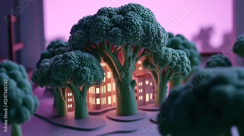 Surreal scene of broccoli trees resembling a forest at night with illuminated buildings in the background under purple sky photo