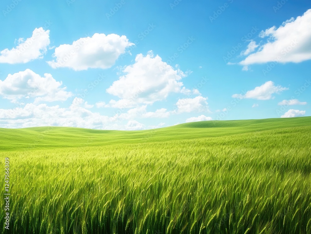 Vibrant green wheat field under a clear blue sky with fluffy clouds Vibrant green wheat field under a clear blue sky with fluffy clouds