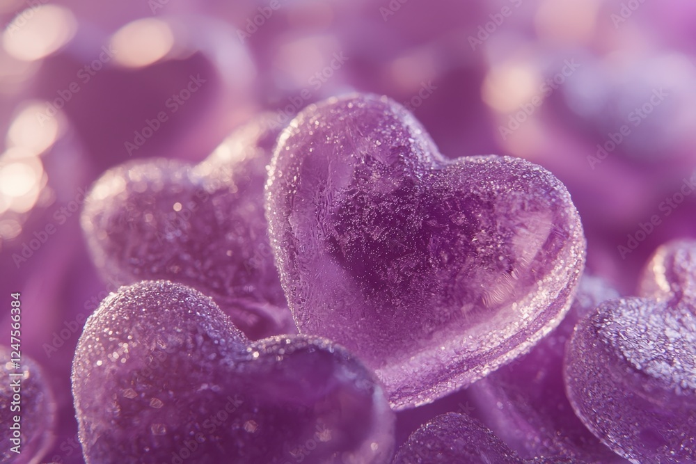 Obraz premium Purple translucent heart candies stacked together in a dreamy close-up.