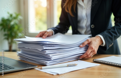 Businesswoman sorts documents at busy office desk. Large stack of papers needs to checked, organized. Reviewing documents. Workplace busy, documents piled high. Laptop, pen, notepad on desk. Woman