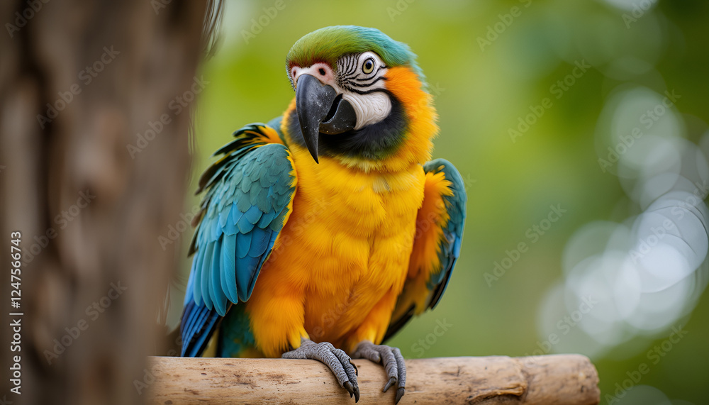 Obraz premium Colorful macaw parrot perched on branch in lush green background, Parrot on Perch, Pet Day