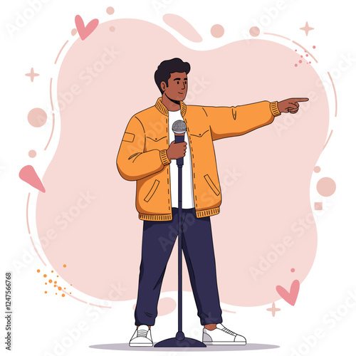 I-pop male singer using microphone and pointing to the side. Minimalist flat design illustration