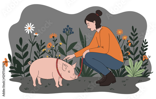 Woman petting her piggy pet while having a walk in the garden